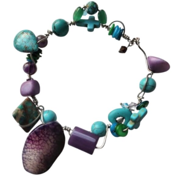 Hand-Crafted Wire Wrapped Purple & Turquoise Gemstone Bangle Cross Bracelet - Picture 3 of 10